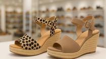 Stylish platform sandals displayed on a white surface — with leopard print and solid beige design, espadrille-style heel, and ankle straps.