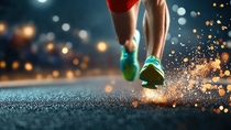 Close-up of a runner’s legs in motion wearing vibrant blue running shoes, with a blurred background and bokeh lights — capturing energy, movement, and nighttime physical activity.
