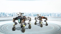 Two futuristic four-legged robotic vehicles with wheel-equipped limbs displayed on an elevated platform overlooking a modern cityscape. Two futuristic four-legged robotic vehicles with wheel-equipped limbs displayed on an elevated platform overlooking a modern cityscape.