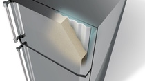 Cutaway illustration of a refrigerator wall with insulating foam material, demonstrating thermal insulation performance and energy-efficiency applications in household appliances. Cutaway illustration of a refrigerator wall with insulating foam material, demonstrating thermal insulation performance and energy-efficiency applications in household appliances.