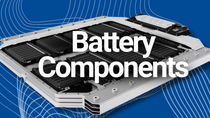 eMobility: Grey battery cell, module, and pack on blue background eMobility: Grey battery cell, module, and pack on blue background