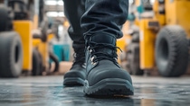 Close-up of black work boots walking on a polished floor in an industrial setting — highlighting safety footwear, durability, and workplace functionality.
