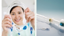 Auf der Compamed vorgestellt: das breite Anwendungsgebiet des Weichmachers Hexamoll® DINCH®, der unter anderem in Kathetern oder auch Atemmasken verwendet wird (links). Der Nicht-Phthalatweichmacher überzeugt dank seiner geringen Migrationsrate und seines exzellenten toxikologischen Profils als sichere Alternative zu traditionellen Phthalaten. Außerdem zeigt BASF das hygthec®-System (Kopfteil, rechts), das die Firma Creative Balloons Maschinenbau GmbH & CoKG mit Elastollan®, dem TPU von BASF, herstellt. Das Kopfteil des Drainage-Systems besteht aus einem dünnwandigen Ballonkörper aus Elastollan® 1195A, einem innenliegenden Schlauchelement (Elastollan® 1190A), dem elastisch verformbaren Zäpfchen aus thermoplastisch geformtem Polyurethanschaum (Elastollan® 1160A, grün) – und auch der gelbe Ring am unteren Ende ist ein TPU-Schaum.
Exhibited at Compamed: the broad range of applications of the plasticizer Hexamoll® DINCH® which is used, for example, in catheters or breathing masks (pictured left). Thanks to its low migration rate and excellent toxicological profile, the non-phthalate plasticizer is perfectly suited as a safe alternative to traditional phthalates. Also on show: The hygthec® system (head section, pictured right), manufactured by Creative Balloons Maschinenbau GmbH & CoKG, using Elastollan®, the TPU from BASF. The head section of the drainage system consists of a thin-walled balloon element (Elastollan® 1195A), an inner tube element (Elastollan® 1190A), an elastically deformable suppository made from thermoplastically molded polyurethane foam (Elastollan® 1160A, green) – and also, the yellow ring at the bottom is made from a TPU foam. Auf der Compamed vorgestellt: das breite Anwendungsgebiet des Weichmachers Hexamoll® DINCH®, der unter anderem in Kathetern oder auch Atemmasken verwendet wird (links). Der Nicht-Phthalatweichmacher überzeugt dank seiner geringen Migrationsrate und seines exzellenten toxikologischen Profils als sichere Alternative zu traditionellen Phthalaten. Außerdem zeigt BASF das hygthec®-System (Kopfteil, rechts), das die Firma Creative Balloons Maschinenbau GmbH & CoKG mit Elastollan®, dem TPU von BASF, herstellt. Das Kopfteil des Drainage-Systems besteht aus einem dünnwandigen Ballonkörper aus Elastollan® 1195A, einem innenliegenden Schlauchelement (Elastollan® 1190A), dem elastisch verformbaren Zäpfchen aus thermoplastisch geformtem Polyurethanschaum (Elastollan® 1160A, grün) – und auch der gelbe Ring am unteren Ende ist ein TPU-Schaum.
Exhibited at Compamed: the broad range of applications of the plasticizer Hexamoll® DINCH® which is used, for example, in catheters or breathing masks (pictured left). Thanks to its low migration rate and excellent toxicological profile, the non-phthalate plasticizer is perfectly suited as a safe alternative to traditional phthalates. Also on show: The hygthec® system (head section, pictured right), manufactured by Creative Balloons Maschinenbau GmbH & CoKG, using Elastollan®, the TPU from BASF. The head section of the drainage system consists of a thin-walled balloon element (Elastollan® 1195A), an inner tube element (Elastollan® 1190A), an elastically deformable suppository made from thermoplastically molded polyurethane foam (Elastollan® 1160A, green) – and also, the yellow ring at the bottom is made from a TPU foam.