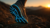 Sportschuh auf einem steinigen Weg bei Sonnenuntergang, mit blau leuchtenden Linien im Sohlenprofil.