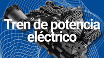Electromovilidad: Aplicaciones del tren motriz eléctrico gris sobre fondo azul Electromovilidad: Aplicaciones del tren motriz eléctrico gris sobre fondo azul