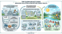 Infographic illustrating the U.S. Clean Air Act framework, including air quality standards, implementation measures, emission controls, and public health benefits. Infographic illustrating the U.S. Clean Air Act framework, including air quality standards, implementation measures, emission controls, and public health benefits.