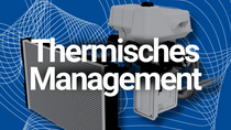 eMobilität: Graues Thermomanagementsystem auf blauem Grund eMobilität: Graues Thermomanagementsystem auf blauem Grund