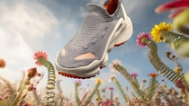 Futuristic knit sports shoe floating above a colorful flower landscape, showcasing lightweight comfort and innovative footwear design. Futuristic knit sports shoe floating above a colorful flower landscape, showcasing lightweight comfort and innovative footwear design.