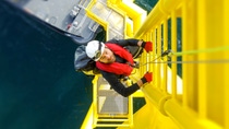 Wind-turbine, offshore, worker, climbing, high up, boat, sea Wind-turbine, offshore, worker, climbing, high up, boat, sea