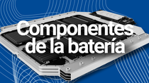 Electromovilidad: celda de batería, módulo y paquete grises sobre fondo azul Electromovilidad: celda de batería, módulo y paquete grises sobre fondo azul