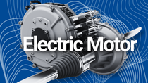 eMobility: Grey electric motor on blue background eMobility: Grey electric motor on blue background