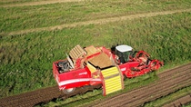 Potato Harvester Grimme Tectron 415. Agricultural Potato Combine Harvester at field. Seasonal harvesting of potatoes from field in farm. Russia, Smolensk, September 08, 2021.