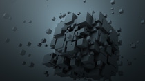 Abstract 3d rendering of chaotic particles. Poster with random cubes in empty space. Futuristic background. Abstract 3d rendering of chaotic particles. Poster with random cubes in empty space. Futuristic background.