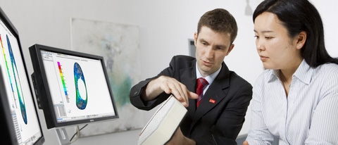 Development engineers Rie Kaneko and Torsten Hensel discuss the structure of the lightweight comfort seat using a cross-section model. By means of the e-textile technology used, the seat heating can be directly embedded in the textile and is thus close to the body. Elastoflex® flexible foams in the sitting areas save up to 20 percent weight and at the same time provide ergonomic advantages by means of various hardness zones. Print free of charge. Copyright by BASF. Development engineers Rie Kaneko and Torsten Hensel discuss the structure of the lightweight comfort seat using a cross-section model. By means of the e-textile technology used, the seat heating can be directly embedded in the textile and is thus close to the body. Elastoflex® flexible foams in the sitting areas save up to 20 percent weight and at the same time provide ergonomic advantages by means of various hardness zones. Print free of charge. Copyright by BASF.
