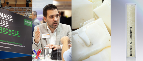 The image consists of four sections, from left to right: our slogan "Make, Use, Recycle" on a poster,  then  Florian Schulz, Manager for TPU in Europe, in conversation at a trade show., followed by plastic trash and Elastollan® RC