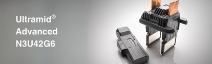 Two electrical components with copper connectors on a reflective surface, labeled 'Ultramid® Advanced N3U42G6