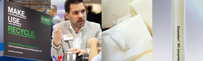The image consists of four sections, from left to right: our slogan "Make, Use, Recycle" on a poster,  then  Florian Schulz, Manager for TPU in Europe, in conversation at a trade show., followed by plastic trash and Elastollan® RC