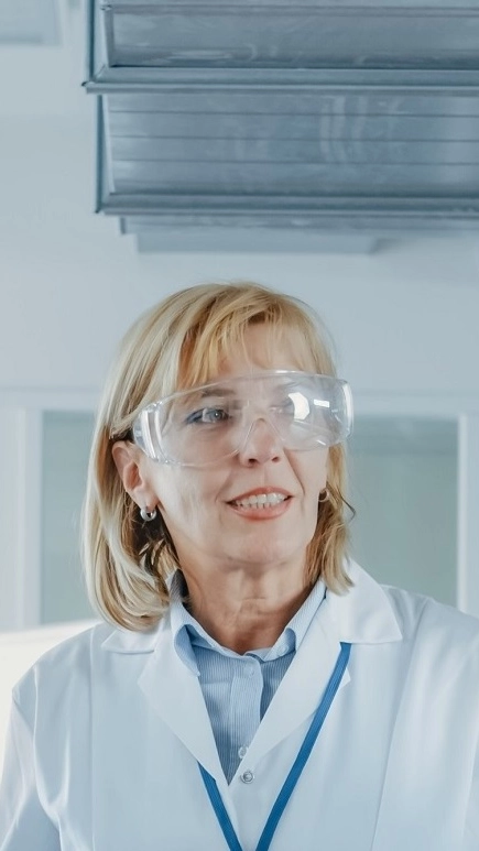 two men and two women scientists wearing safety goggles having a discussing  