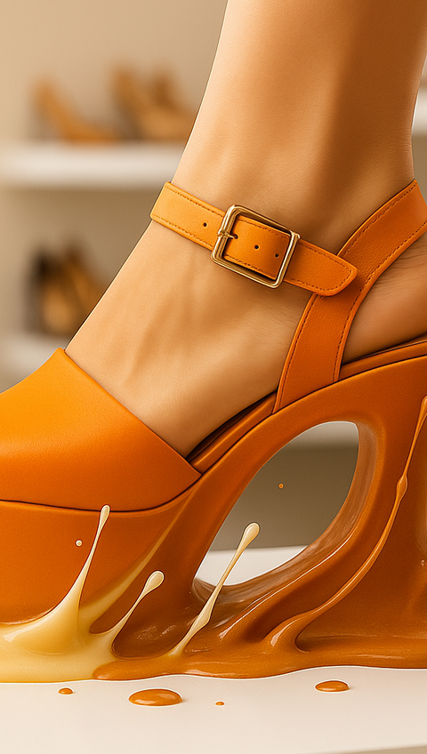 Orange high-heeled shoe with artistic design, curved heel and ankle strap, captured amid a splash of liquid in the same color — combining fashion innovation and dynamic design.