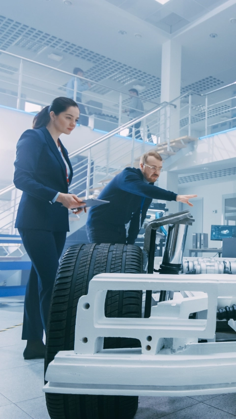 Automotive Design Engineers Talking while Working on Electric Car Chassis Prototype. In Innovation Laboratory Facility Concept Vehicle Frame Includes Wheels, Suspension, Engine and Battery.