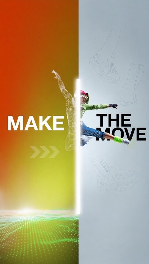Promotional graphic with large text “MAKE THE MOVE” and a person in motion stepping across the words.