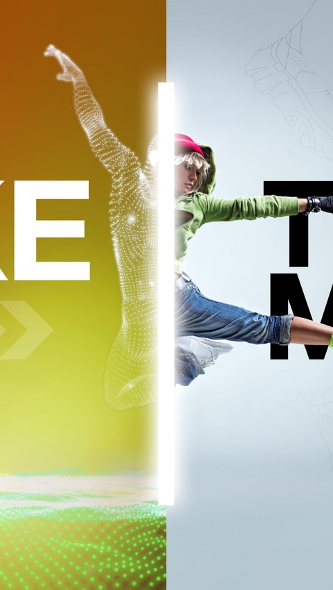 Werbegrafik mit dem großen Text „MAKE THE MOVE“ und einer Person in Bewegung über den Schriftzug hinweg.