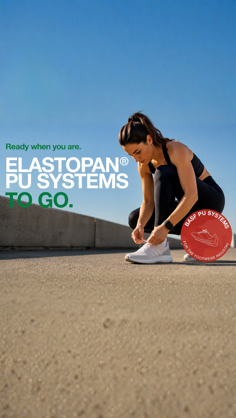 Promotional banner for BASF Elastopan® PU Systems, featuring an athlete tying a running shoe outdoors.