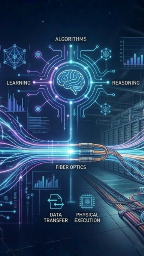 A futuristic visualization of AI systems connected to hyperscale data center infrastructure through high-speed data and thermal management networks. A futuristic visualization of AI systems connected to hyperscale data center infrastructure through high-speed data and thermal management networks.