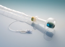 Transparent flexible medical tube with an inflatable balloon tip and attached inflation line.