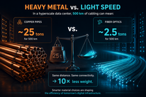 The graphic compares cabling in hyperscale data centers: 500 km of copper cables weigh around 25 tons, while fiber optics weigh only about 2.5 tons — delivering the same connectivity with 10× less weight. The graphic compares cabling in hyperscale data centers: 500 km of copper cables weigh around 25 tons, while fiber optics weigh only about 2.5 tons — delivering the same connectivity with 10× less weight.