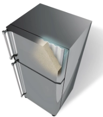 Cutaway illustration of a refrigerator wall with insulating foam material, demonstrating thermal insulation performance and energy-efficiency applications in household appliances. Cutaway illustration of a refrigerator wall with insulating foam material, demonstrating thermal insulation performance and energy-efficiency applications in household appliances.