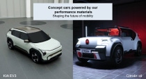 Shows the Kia EV3 and the Citroën oli concept cars.