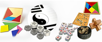 A collection of traditional Chinese strategy games and puzzles, including Xiangqi, Go, Mahjong, Tangram, and wooden brain teasers.