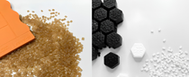 Xiangqi game board and pieces made from **Ultramid®** and **Infinergy®**, shown alongside the raw material pellets used in their production.
