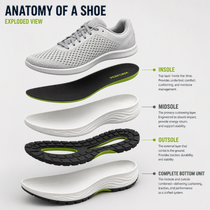 Exploded view of a performance shoe showing its main components: upper, insole, midsole, and outsole. Exploded view of a performance shoe showing its main components: upper, insole, midsole, and outsole.